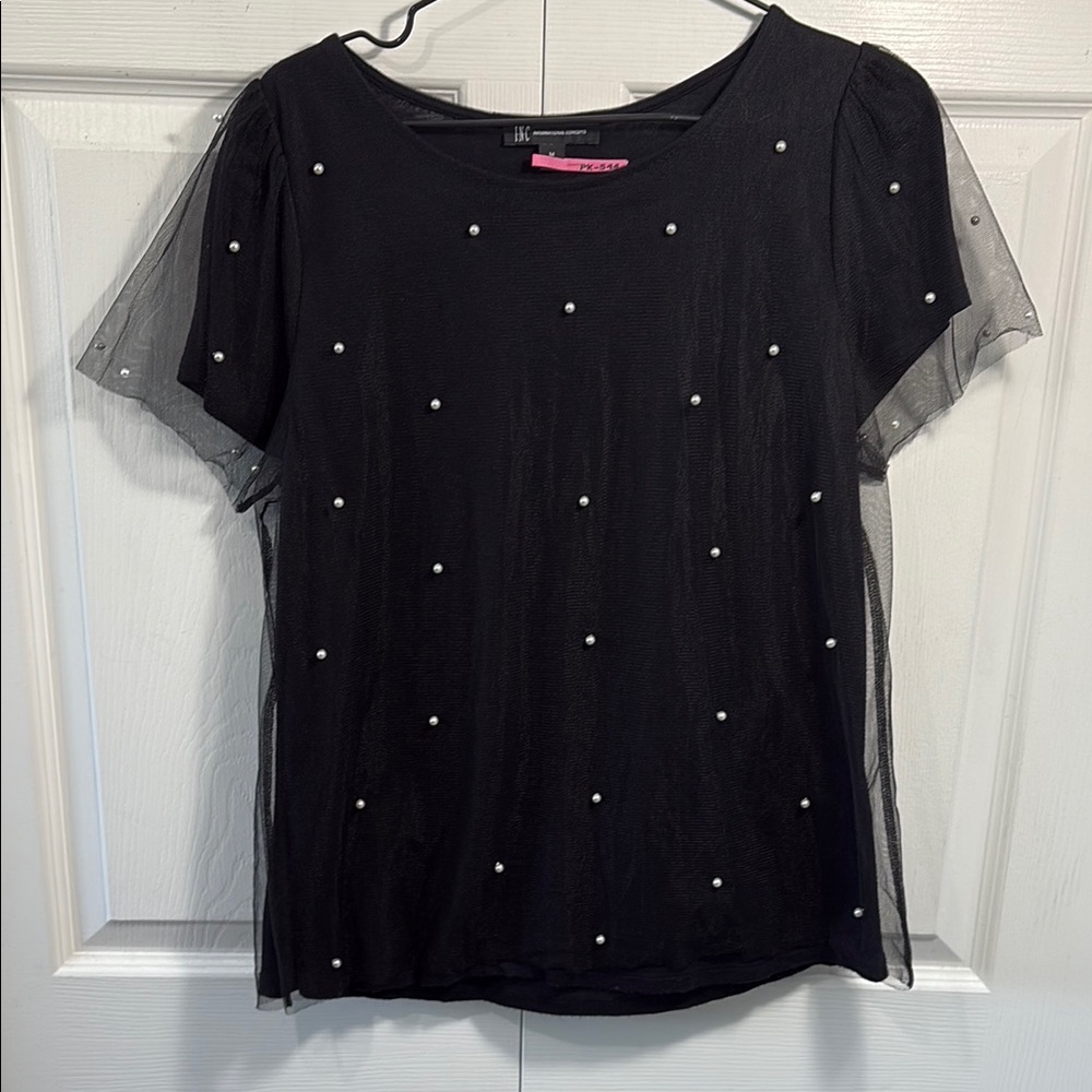 INC International Concepts Black Pearl Embellished Blouse Sheer Sleeve Dressy - Picture 3 of 11